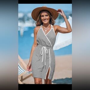 CUPSHE Striped drawstring mini dress with leg slit. NWT